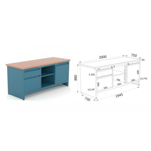 BANCO 1 CAJON 111 C200 - 1 PUERTA PP I- 1 BANDEJA BGCD - 1 PUERTA PG D 111 20 03