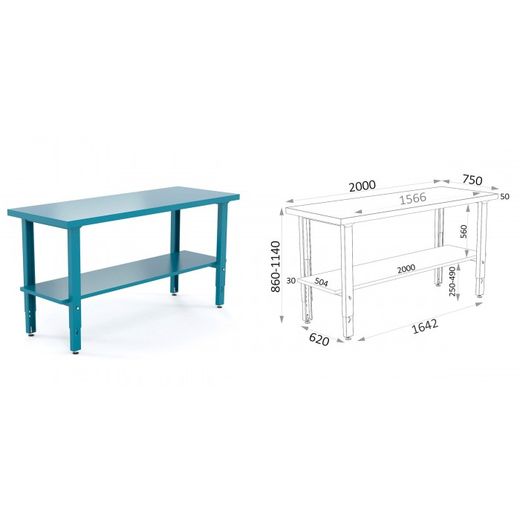 BANCO METALICO CON PATAS GRADUABLES 2000X750X880