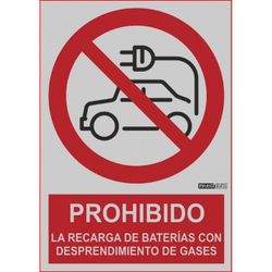 CARTEL PVC 1,1 CLASE A  "PROHIBIDO LA RECARGA DE BATERIAS CON DESPRENDIMIENTO DE GASES"
