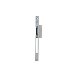 Cerradero eléctrico estrecho. Con desbloqueo. Frente largo para cerradura de palanca deslizante inox. 12vac/dc.
