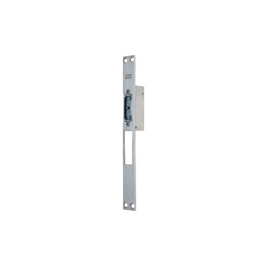 Cerradero eléctrico std. Automático con desbloqueo. Frente largo con cerraduras de palanca gancho inox. 12vac/vdc.
