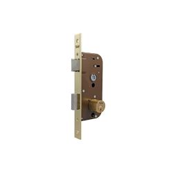 Cerradura de embutir madera 45 de un punto de cierre con doble cilindro redondo de 28mm de diámetro, picaporte reversible, entrada de 40mm, caja de 70mm, acabado hierro latonado