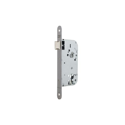 Cerradura gama obra 135 para puertas de madera, nueca de 7mm, frente redondeado, solo picaporte, entrada de 50mm, acabado acero inoxidable.