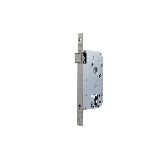 Cerradura gama obra 135 para puertas de madera, frente cuadrado, solo picaporte,nueca de 8mm, sin cilindro, entrada de 50mm, acabado acero inoxidable