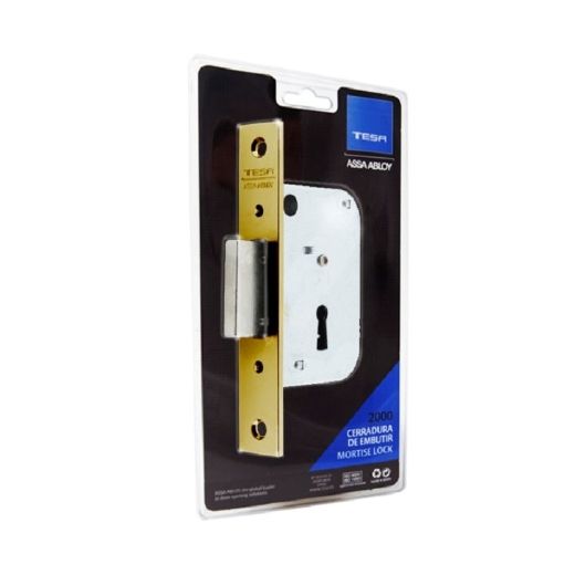Cerradura de embutir madera 2003 para puertas de entrada con llave de gorja,sólo palanca, entrada de 40mm, acabado hierro latonado, embalaje visual