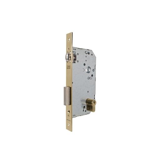 Cerradura de gama obra 2036 para puertas de madera de vaivén con rodillo, entrada de 50mm, cilindro te5, acabado hierro latonado