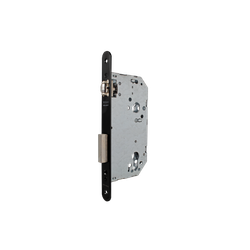 Cerradura de gama obra 2036 para puertas de madera de vaivén con rodillo, sin cilindro, frente redondeado, entrada de 50mm, acabado pintado negro.