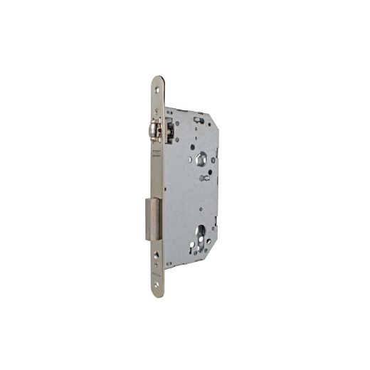 Cerradura de gama obra 2036 para puertas de madera de vaivén con rodillo, sin cilindro, frente redondeado, entrada de 50mm, acabado hierro niquelado
