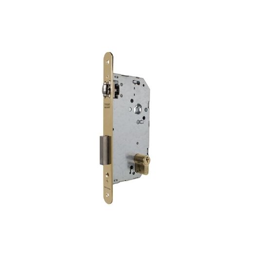 Cerradura de gama obra 2036 para puertas de madera de vaivén con rodillo, frente redondeado, entrada de 50mm, cilindro te5, acabado hierro latonado