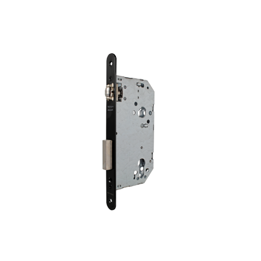 Cerradura de gama obra 2036 para puertas de madera de vaivén con rodillo, sin cilindro, frente redondeado, entrada de 60mm, pintado negro.