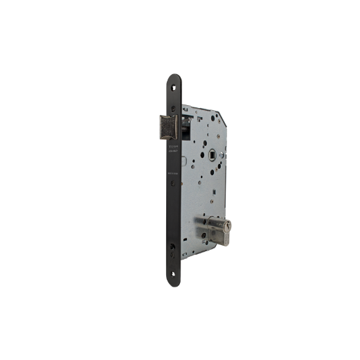 Cerradura gama institucional 2037f de nueca doble para puertas de madera cortafuego y dispositivos antipánico, frente redondeado, picaporte reversible, entrada de 60mm, acabado negro