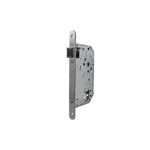 Cerradura gama institucional 2037f de nueca doble para puertas de madera cortafuego y dispositivos antipánico, frente redondeado, picaporte reversible, sin cilindro, entrada de 60mm, acabado acero inoxidable.