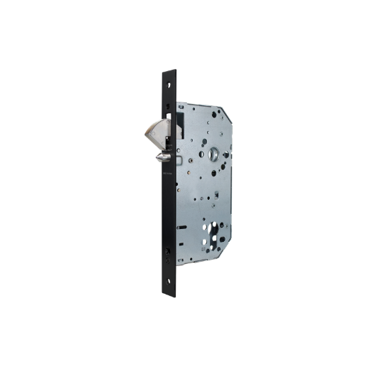 Cerradura para puertas de madera 2038 para puertas correderas con gancho, sin cilindro, entrada de 60mm, acabado pintado negro.
