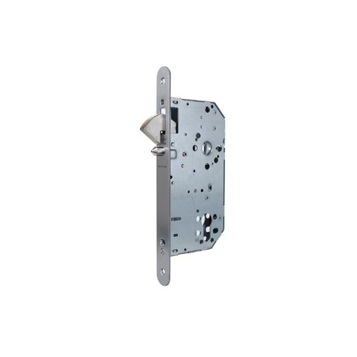 Cerradura para puertas de madera 2038 para puertas correderas con gancho, cilindro europerfil te5, frente redondeado, entrada de 70mm, acabado acero inoxidable.