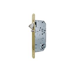 Cerradura para puertas de madera 2038 para puertas correderas con gancho, sin cilindro, canto redondeado, entrada de 70mm, acabado hierro latonado.