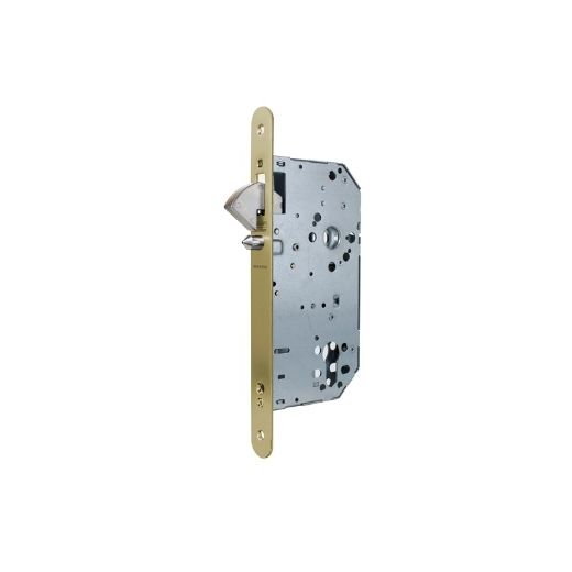 Cerradura para puertas de madera 2038 para puertas correderas con gancho, sin cilindro, canto redondeado, entrada de 70mm, acabado hierro latonado.