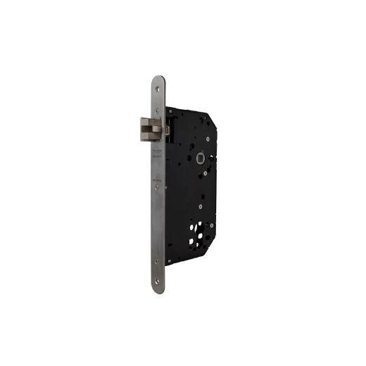 Cerradura gama arquitectura 2ub5f para puertas de madera cortafuego, picaporte silencioso, entrada de 50mm, frente redondeado, acabado acero inoxidable.