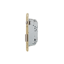 Cerradura de gama obra 2036 para puertas de madera de vaivén con rodillo, sin cilindro, entrada de 40mm, acabado hierro latonado.