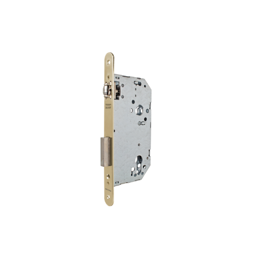 Cerradura de gama obra 2036 para puertas de madera de vaivén con rodillo, sin cilindro, entrada de 40mm, acabado hierro latonado.