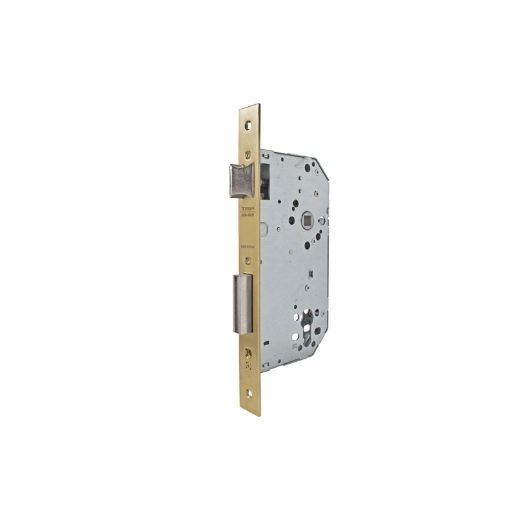 Cerradura gama institucional 2030f de nueca pasante para puertas de madera cortafuego y dispositivos antipánico, sin cilindro, entrada de 60mm, acabado hierro latonado