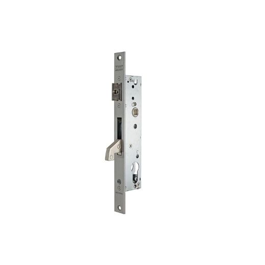 Cerradura monopunto para perfiles metálicos 2240be de palanca basculante con gancho reforzado y caja estrecha, sin cilindro, picaporte regulable, entrada de 25mm, acabado acero inoxidable