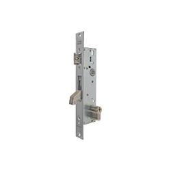 Cerradura monopunto de palanca basculante 2240 con gancho reforzado con dos placas de acero, cilindro te5, entrada de 20mm, acabado acero inoxidable, escudo e190 y cerradero.