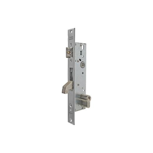 Cerradura monopunto de palanca basculante 2240 con gancho reforzado con dos placas de acero, cilindro te5, entrada de 20mm, acabado acero inoxidable, escudo e190 y cerradero.
