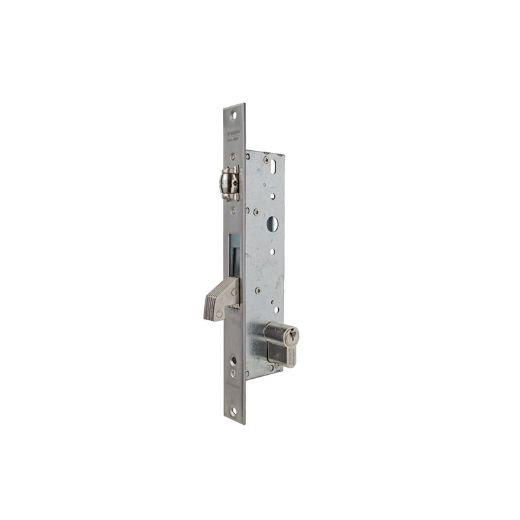 Cerradura monopunto de palanca basculante 2246 con gancho reforzado para puertas de vaivén con rodillo, cilindro te5, entrada de 30mm, acabado acero inoxidable