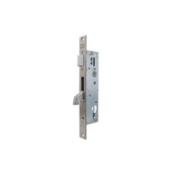 Cerradura monopunto para perfiles metálicos 2240be de palanca basculante con gancho reforzado y caja estrecha, sin cilindro, para leva de 15mm, entrada de 25mm, sin escudo ni cerradero, acabado acero inoxidable