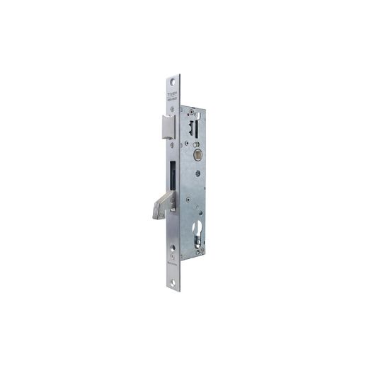 Cerradura monopunto para perfiles metálicos 2240be de palanca basculante con gancho reforzado y caja estrecha, sin cilindro, entrada de 30mm, acabado acero inoxidable