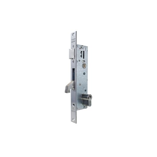 Cerradura monopunto para perfiles metálicos 2240be de palanca basculante con gancho reforzado y caja estrecha, cilindro te5 de 30x30mm, entrada de 35mm, acabado acero inoxidable