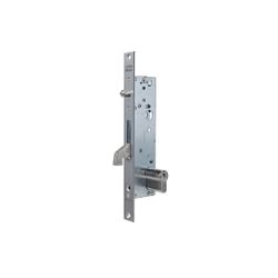 Cerradura monopunto para perfiles metálicos 2241bec solo con gancho reforzado y tetón antilevantamiento, caja estrecha, cilindro te5 de 30x30mm, leva de 15mm, entrada de 35mm, escudo e190, acabado acero inoxidable