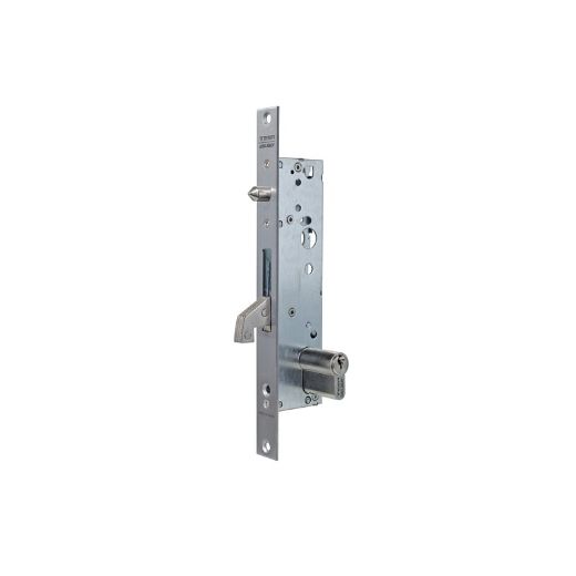 Cerradura monopunto para perfiles metálicos 2241bec solo con gancho reforzado y tetón antilevantamiento, caja estrecha, cilindro te5 de 30x30mm, leva de 15mm, entrada de 35mm, escudo e190, acabado acero inoxidable