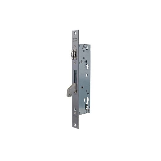 Cerradura monopunto para perfiles metálicos 2246be con gancho reforzado y rodillo para puertas de vaivén, caja estrecha, sin cilindro, entrada de 20mm, acabado acero inoxidable