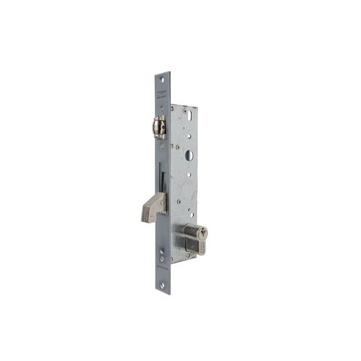 Cerradura monopunto de palanca basculante 2246 con gancho reforzado para puertas de vaivén con rodillo, cilindro te5, entrada de 20mm, sin escudo ni cerradero, acabado acero inoxidable