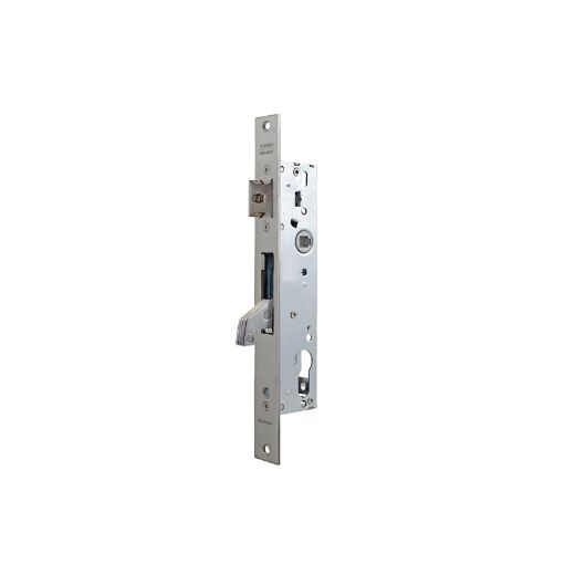 Cerradura monopunto de palanca basculante 2240 con gancho reforzado con dos placas de acero, sin cilindro, picaporte regulable, entrada de 35mm, sin escudo ni cerradero, acabado acero inoxidable
