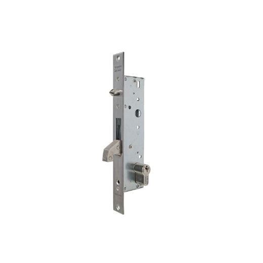 Cerradura monopunto de palanca basculante sin picaporte 2241c con gancho reforzado y tetón antilevantamiento, cilindro te5, entrada de 30mm, acabado acero inoxidable