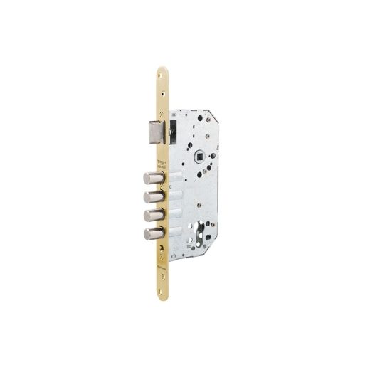 Cerradura de seguridad monopunto r201b de 4 bulones de cierre y picaporte, sin cilindro, frente redondeado, entrada de 50mm, escudo e700l, acabado hierro latonado