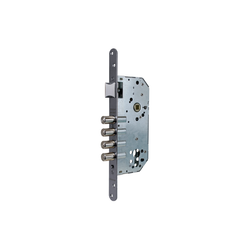 Cerradura de seguridad monopunto r201b de 4 bulones de cierre y picaporte, sin cilindro, frente redondeado, entrada de 50mm, escudo e700l, acabado acero inoxidable
