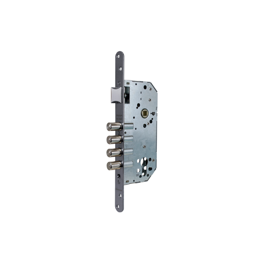 Cerradura de seguridad monopunto r201b de 4 bulones de cierre y picaporte, sin cilindro, frente redondeado, entrada de 50mm, escudo e700l, acabado acero inoxidable
