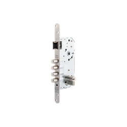 Cerradura de seguridad monopunto r201b de 4 bulones de cierre y picaporte, cilindro t60 de 60mm, frente redondeado, entrada de 50mm, escudo e700l, acabado acero inoxidable