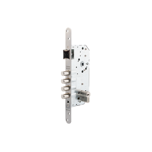 Cerradura de seguridad monopunto r201b de 4 bulones de cierre y picaporte, cilindro t60 de 60mm, frente redondeado, entrada de 50mm, escudo e700l, acabado acero inoxidable