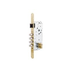 Cerradura de seguridad monopunto r201b de 4 bulones de cierre y picaporte, cilindro t60 de 60mm, frente redondeado, entrada de 50mm, escudo e700l, acabado hierro latonado