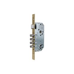 Cerradura de seguridad monopunto r200b de 4 bulones de cierre y picaporte, sin cilindro, entrada de 50mm, escudo e700l, acabado hierro latonado