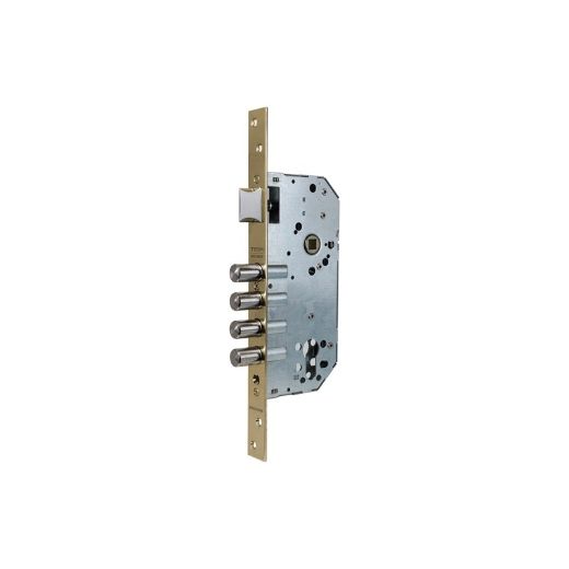 Cerradura de seguridad monopunto r200b de 4 bulones de cierre y picaporte, sin cilindro, entrada de 50mm, escudo e700l, acabado hierro latonado