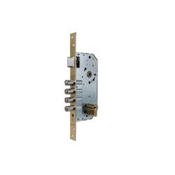 Cerradura de seguridad monopunto r200b de 4 bulones de cierre y picaporte, cilindro t60 de 60mm, entrada de 60mm, escudo e700l, acabado hierro latonado