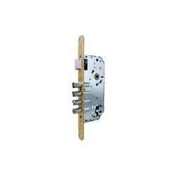 Cerradura de seguridad monopunto r100b de 4 bulones de cierre y picaporte, sin cilindro, frente redondeado, entrada de 50mm, escudo e300l, acabado acero esmaltado