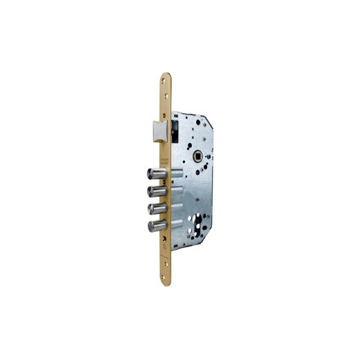 Cerradura de seguridad monopunto r100b de 4 bulones de cierre y picaporte, sin cilindro, frente redondeado, entrada de 50mm, escudo e300l, acabado acero esmaltado