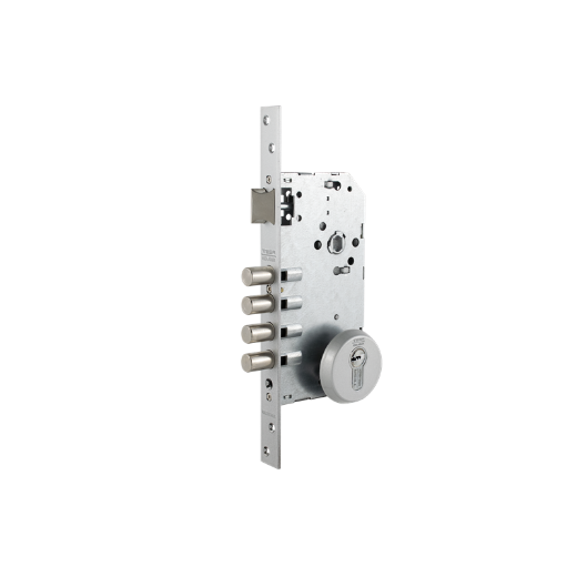 Cerradura de seguridad monopunto r100b de 4 bulones de cierre y picaporte, cilindro t60 de 60mm, entrada de 60mm, escudo e300l, acabado acero cromado