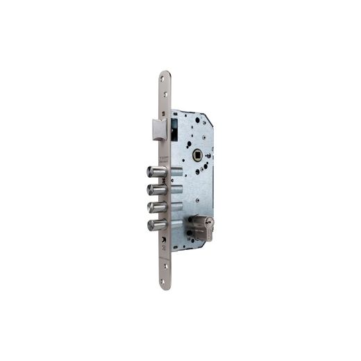 Cerradura de seguridad monopunto r100b de 4 bulones de cierre y picaporte, cilindro t60 de 60mm, frente redondeado, entrada de 50mm, escudo e300l, acabado acero cromado